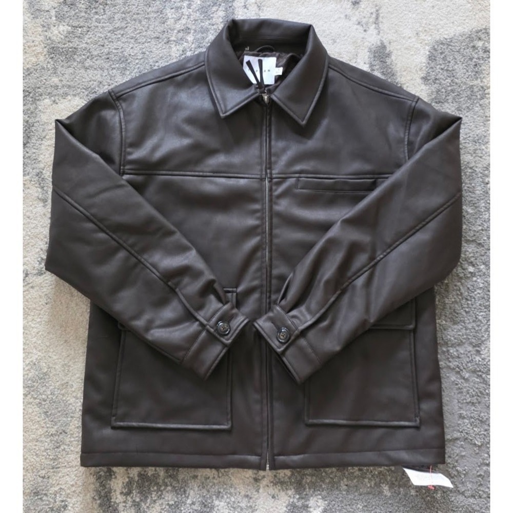 Topman Mens Dark Brown Faux Vegan Leather Trucker Jacket Size S Quilted Lined - Picture 5 of 14